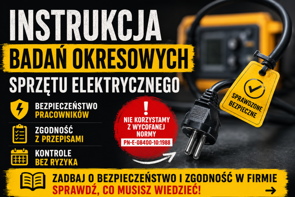 Grafika promująca artykuł Sekura Medio dotyczący badań okresowych sprzętu elektrycznego. Na ciemnym tle widoczna jest wtyczka elektryczna, miernik oraz duży napis „Instrukcja badań okresowych sprzętu elektrycznego”. Grafika podkreśla bezpieczeństwo pracowników, zgodność z przepisami oraz informację o niestosowaniu wycofanej normy PN-E-08400-10:1988.
