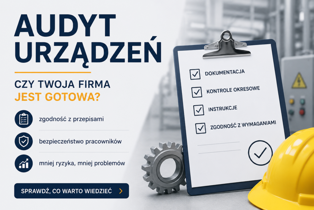 Grafika promująca usługę audytu urządzeń firmy Sekura Medio. Na jasnym tle widoczna jest tablica kontrolna z checklistą obejmującą dokumentację, kontrole okresowe i instrukcje. Obok znajdują się elementy przemysłowe oraz kask ochronny. Grafika zachęca do sprawdzenia zgodności urządzeń z wymaganiami BHP i przepisami.