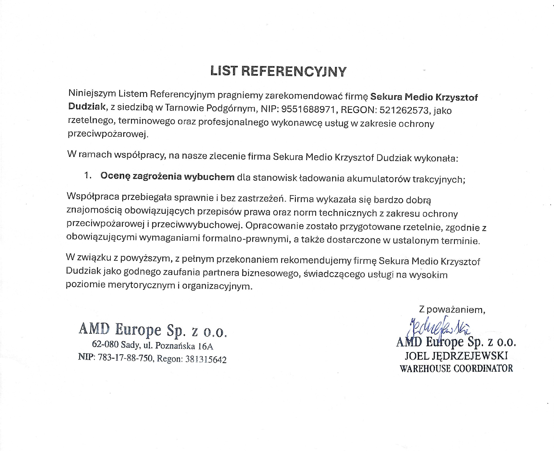 Ocena zagrożenia wybuchem dla AMD EUROPE