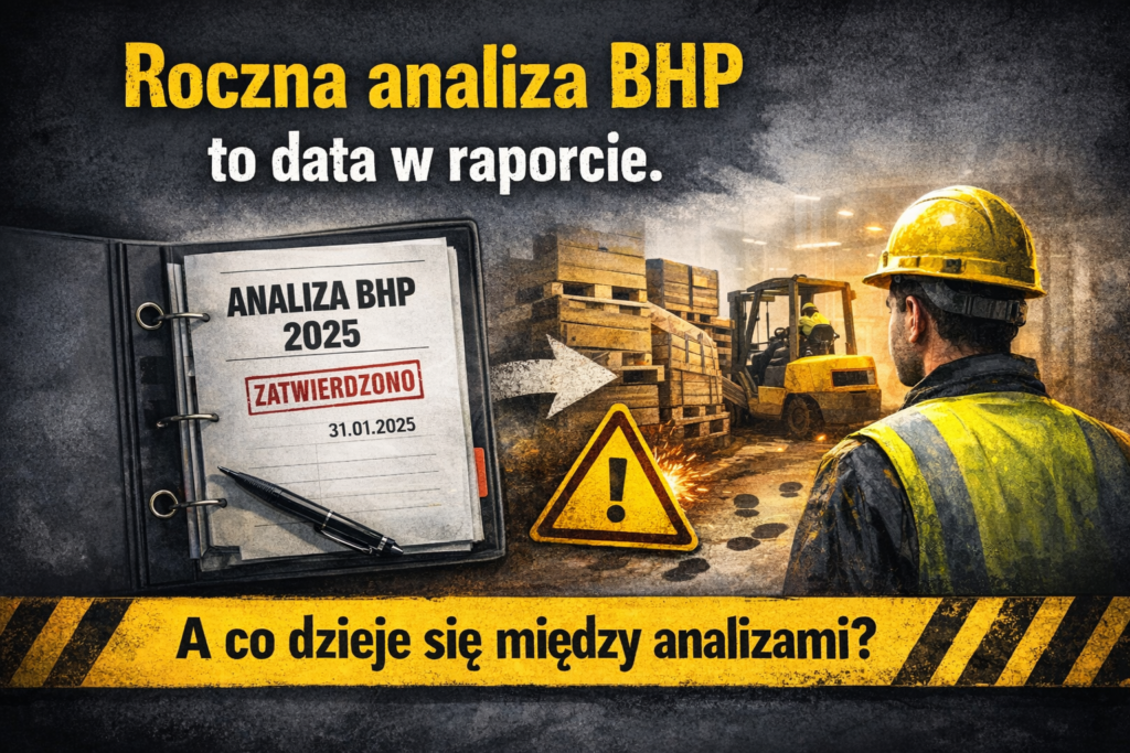 Grafika przedstawia zatwierdzoną „Analizę BHP 2025” z datą 31.01.2025 oraz halę produkcyjną, w której widoczne są zmiany organizacyjne i potencjalne zagrożenia. Kontrast między formalnie poprawnym dokumentem a realnymi warunkami pracy podkreśla, że bezpieczeństwo zmienia się szybciej niż roczna analiza.