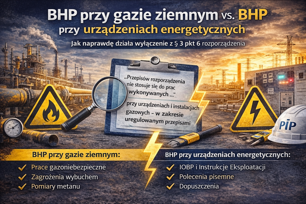 Grafika porównująca BHP przy gazie ziemnym i BHP przy urządzeniach energetycznych, pokazująca że wyłączenie z § 3 pkt 6 nie znosi obowiązku stosowania IOBP i instrukcji eksploatacji przy pracach gazowych.