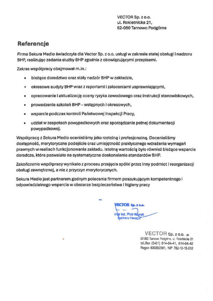 Referencje z zakresu usług stałej obsługi i nadzoru BHP
