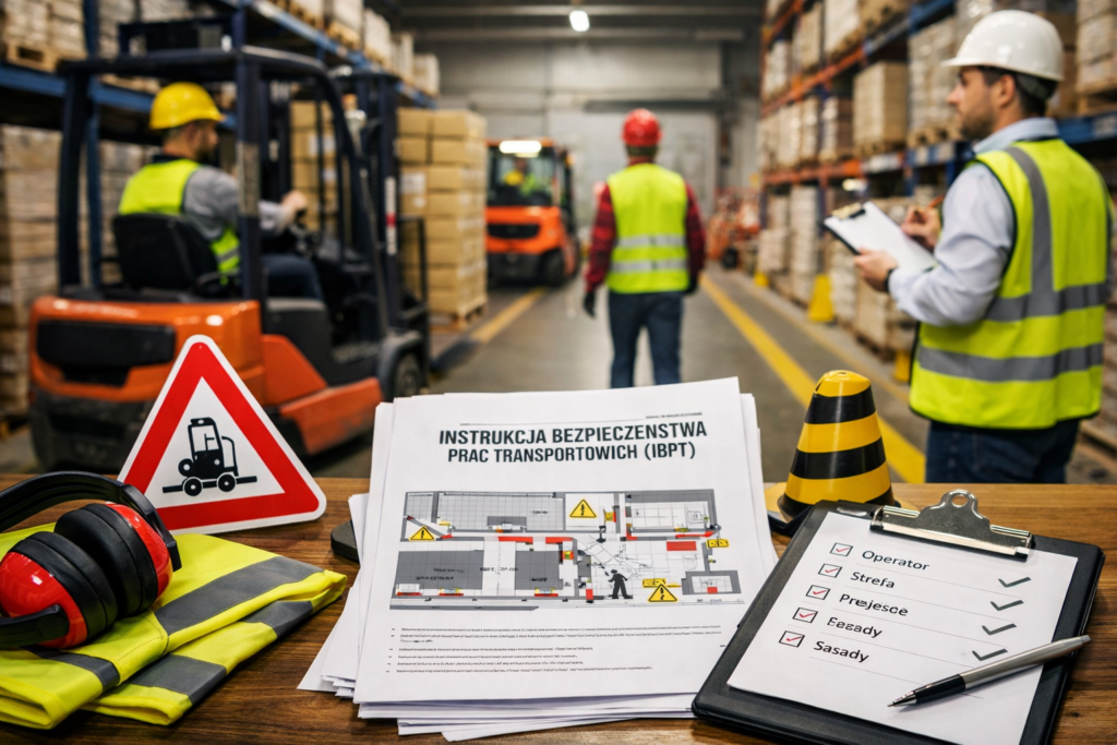 Zdjęcie przedstawia pracę w magazynie – wózki widłowe, pracowników i dokumentację IBPT na pierwszym planie. To typowa sytuacja, w której ruch wózków i pieszych wymaga jasnych zasad i dobrej organizacji, aby ograniczyć ryzyko kolizji i potrąceń . Właśnie takie podejście – oparte na analizie ryzyka, zasadach ruchu i IBPT – wdraża w praktyce Sekura Medio.