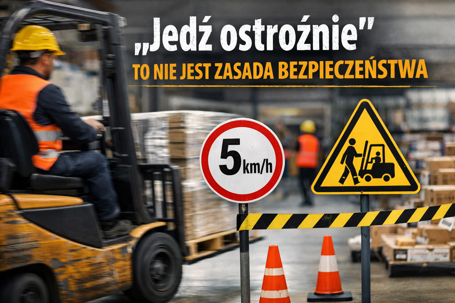 Wózek widłowy porusza się w magazynie wśród palet i pracowników. Na pierwszym planie widoczne są znaki bezpieczeństwa: ograniczenie prędkości do 5 km/h oraz ostrzeżenie o ruchu pieszych i wózków. Nad sceną hasło: „Jedź ostrożnie to nie jest zasada bezpieczeństwa”, podkreślające potrzebę konkretnych, jasno określonych reguł. Sekura Medio wspiera firmy w opracowaniu Instrukcji Bezpieczeństwa Prac Transportowych, które zawierają konkretne zasady ruchu, organizację stref, limity prędkości, separację pieszych i wózków oraz praktyczne procedury minimalizujące ryzyko kolizji.