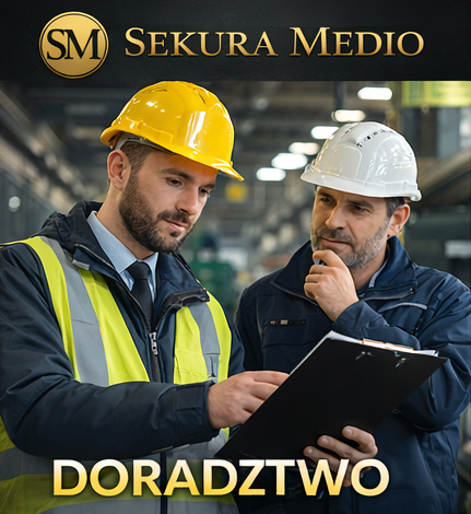 Doradztwo BHP i PPOŻ w zakładzie przemysłowym – specjaliści Sekura Medio analizują dokumentację bezpieczeństwa na hali produkcyjnej.