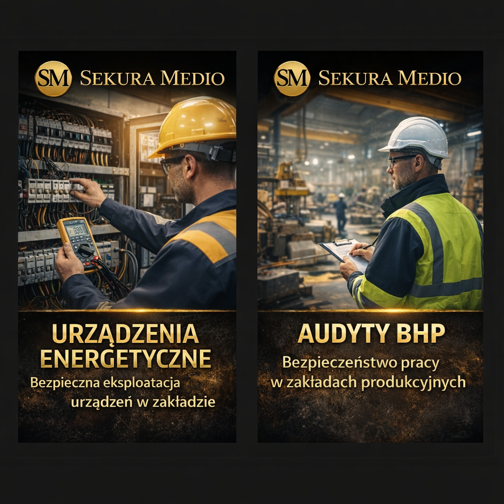 Specjalista sprawdzający instalację elektryczną w rozdzielni przemysłowej – bezpieczna eksploatacja urządzeń energetycznych w zakładzie produkcyjnym przy wsparciu konsultantów Sekura Medio.