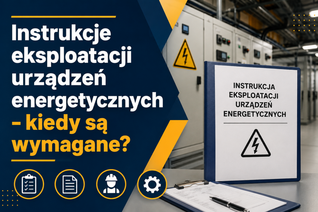 Grafika przedstawiająca instrukcję eksploatacji urządzeń energetycznych na tle przemysłowej rozdzielni elektrycznej. Na grafice widnieje tytuł „Instrukcje eksploatacji urządzeń energetycznych - kiedy są wymagane?” oraz symbole związane z dokumentacją, bezpieczeństwem i eksploatacją urządzeń. | Sekura Medio