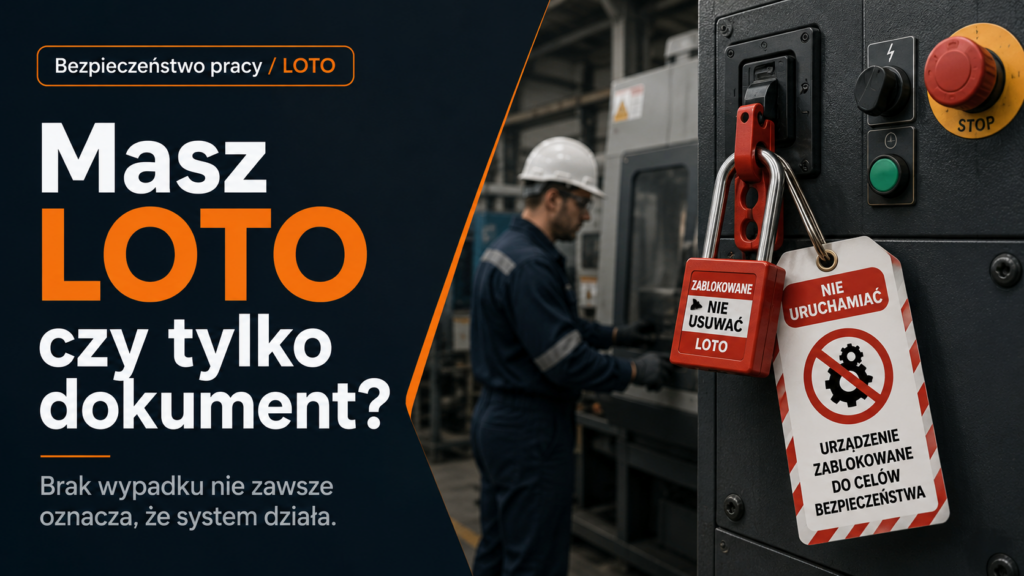 Grafika przedstawia system LOTO przy maszynie produkcyjnej: blokadę, zawieszkę ostrzegawczą i hasło „Masz LOTO czy tylko dokument? Sekura Medio pokazuje jakie problemy występują przy wdrożeniu.