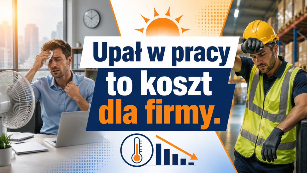 Grafika do artykułu „Upał w pracy to koszt dla firmy” przedstawiająca przegrzanego pracownika biurowego, pracownika magazynu oraz symbol spadku produktywności. Materiał pokazuje, że wysoka temperatura w pracy może wpływać na bezpieczeństwo, koncentrację i efektywność pracowników. Sekura Medio pomaga pracodawcom przygotować ocenę ryzyka, procedury bhp i działania organizacyjne na czas upałów.