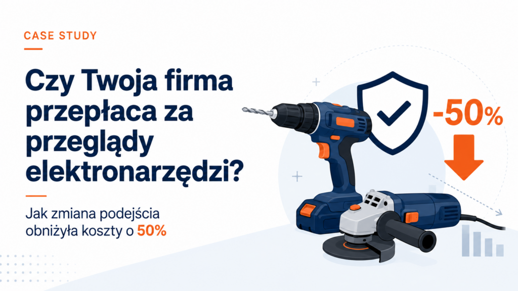 Grafika case study przedstawiająca elektronarzędzia, symbol bezpieczeństwa oraz informację o obniżeniu kosztów przeglądów o 50%. Materiał pokazuje, jak Sekura Medio pomogła przedsiębiorstwu przemysłowemu zmienić podejście do badań elektronarzędzi, zachowując zgodność z wymaganiami i właściwy poziom bezpieczeństwa.