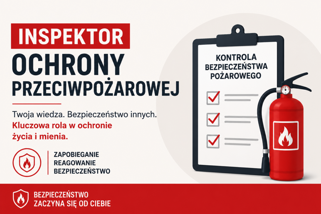 Grafika przedstawia gaśnicę i listę kontrolną bezpieczeństwa ppoż. oraz podkreśla rolę inspektora w ochronie życia, mienia i bezpieczeństwa firmy. Usługa Inspektora ochrony przeciwpożarowej świadczona przez Sekura Medio.