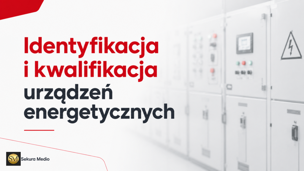 Usługa identyfikacji i kwalifikacji urządzeń energetycznych świadczona przez Sekura Medio. Na tle rozdzielni elektrycznych widoczna jest nazwa usługi dotyczącej oceny urządzeń energetycznych w firmie.