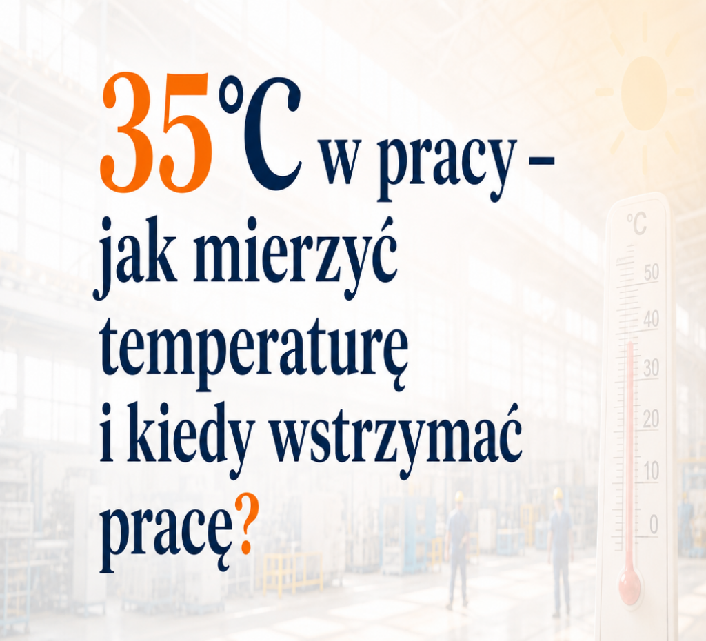 35°C w pracy – jak mierzyć temperaturę i kiedy wstrzymać pracę?”. Na jasnym, rozmytym tle hali produkcyjnej widoczny jest duży tytuł dotyczący pomiaru temperatury i wstrzymania pracy po przekroczeniu 35°C