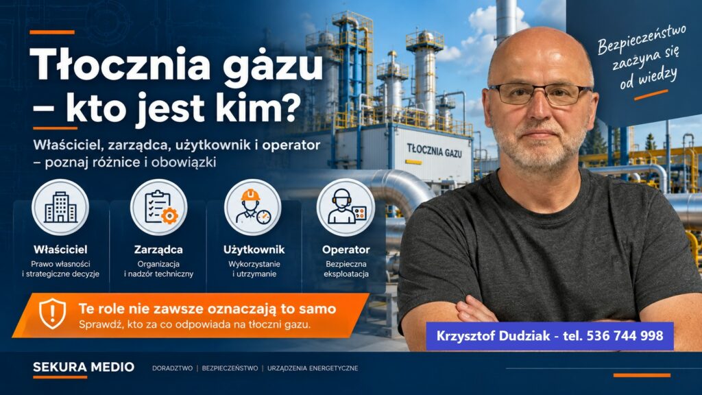 Grafika do artykułu „Tłocznia gazu – kto jest kim?” przedstawiająca autora na tle instalacji tłoczni gazu oraz cztery role: właściciela, zarządcę, użytkownika i operatora.