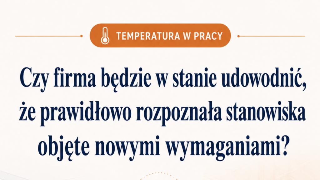 Grafika informacyjna dotycząca temperatury w pracy. U góry znajduje się pomarańczowy napis „Temperatura w pracy”. Główny tytuł brzmi: „Czy firma będzie w stanie udowodnić, że prawidłowo rozpoznała stanowiska objęte nowymi wymaganiami?”.