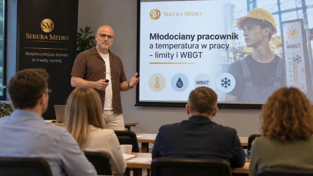 Szkolenie Sekura Medio o temperaturze w pracy młodocianych. Prowadzący stoi przed ekranem z napisem „Młodociany pracownik a temperatura w pracy – limity i WBGT”, a czterech uczestników siedzi przed nim i słucha prezentacji.
