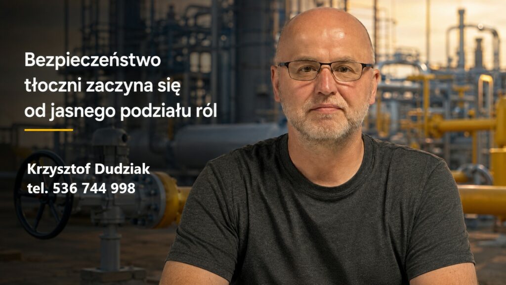 Grafika do artykułu „Bezpieczeństwo tłoczni zaczyna się od jasnego podziału ról” z wizerunkiem autora na tle infrastruktury tłoczni gazu oraz danymi kontaktowymi.