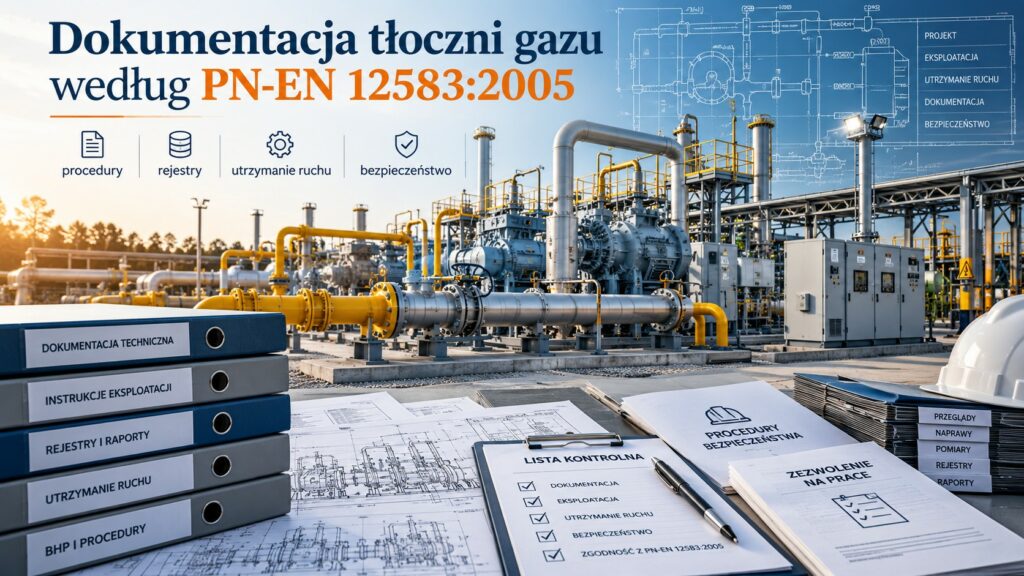 Dokumentacja tłoczni gazu według PN-EN 12583:2005 – procedury, rejestry, utrzymanie ruchu, bezpieczeństwo i pozwolenia na pracę.