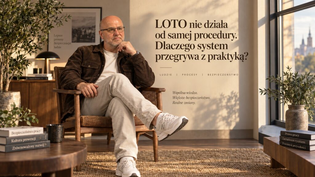 System LOTO w praktyce – mężczyzna w eleganckim wnętrzu i hasło o skuteczności procedur, bezpieczeństwie pracy oraz organizacji procesów w zakładzie przemysłowym.