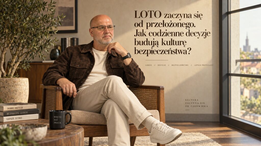 Mężczyzna siedzący w eleganckim wnętrzu z hasłem „LOTO zaczyna się od przełożonego. Jak codzienne decyzje budują kulturę bezpieczeństwa?”