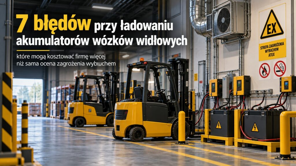 Stanowiska ładowania akumulatorów wózków widłowych w hali magazynowej. Prostowniki, wentylacja i oznakowanie Ex. Grafika Sekura Medio: 7 błędów przy ładowaniu akumulatorów.