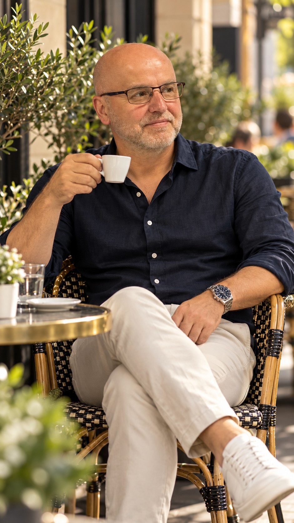 Krzysztof Dudziak, właściciel Sekura Medio, siedzący w kawiarni na świeżym powietrzu w eleganckiej stylizacji smart casual.
