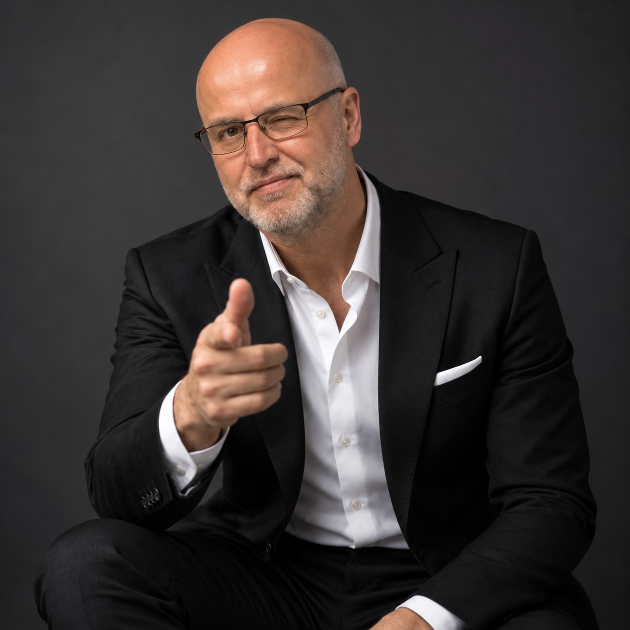 Krzysztof Dudziak, właściciel Sekura Medio, w czarnym garniturze i białej koszuli, wykonujący swobodny gest w kierunku obiektywu.