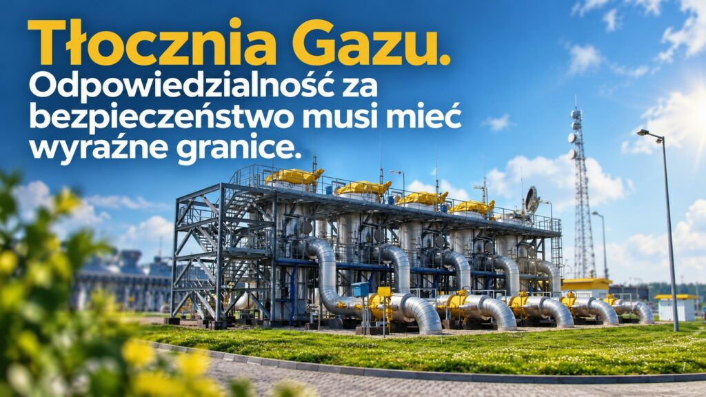 Tłocznia gazu z instalacją technologiczną na tle błękitnego nieba i tytułem „Odpowiedzialność za bezpieczeństwo musi mieć wyraźne granice”.